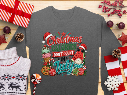 Christmas calories don't count in July graphic with ice cream and watermelon.