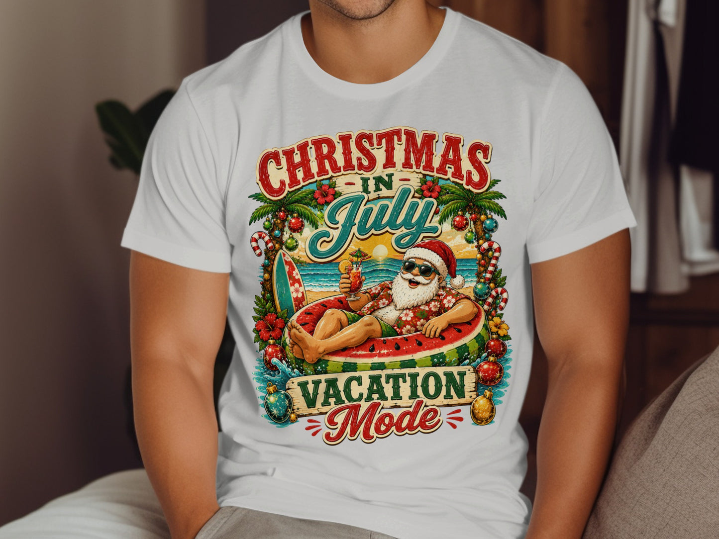 Santa Claus relaxing on an inflatable in "Christmas in July Vacation Mode" t-shirt.