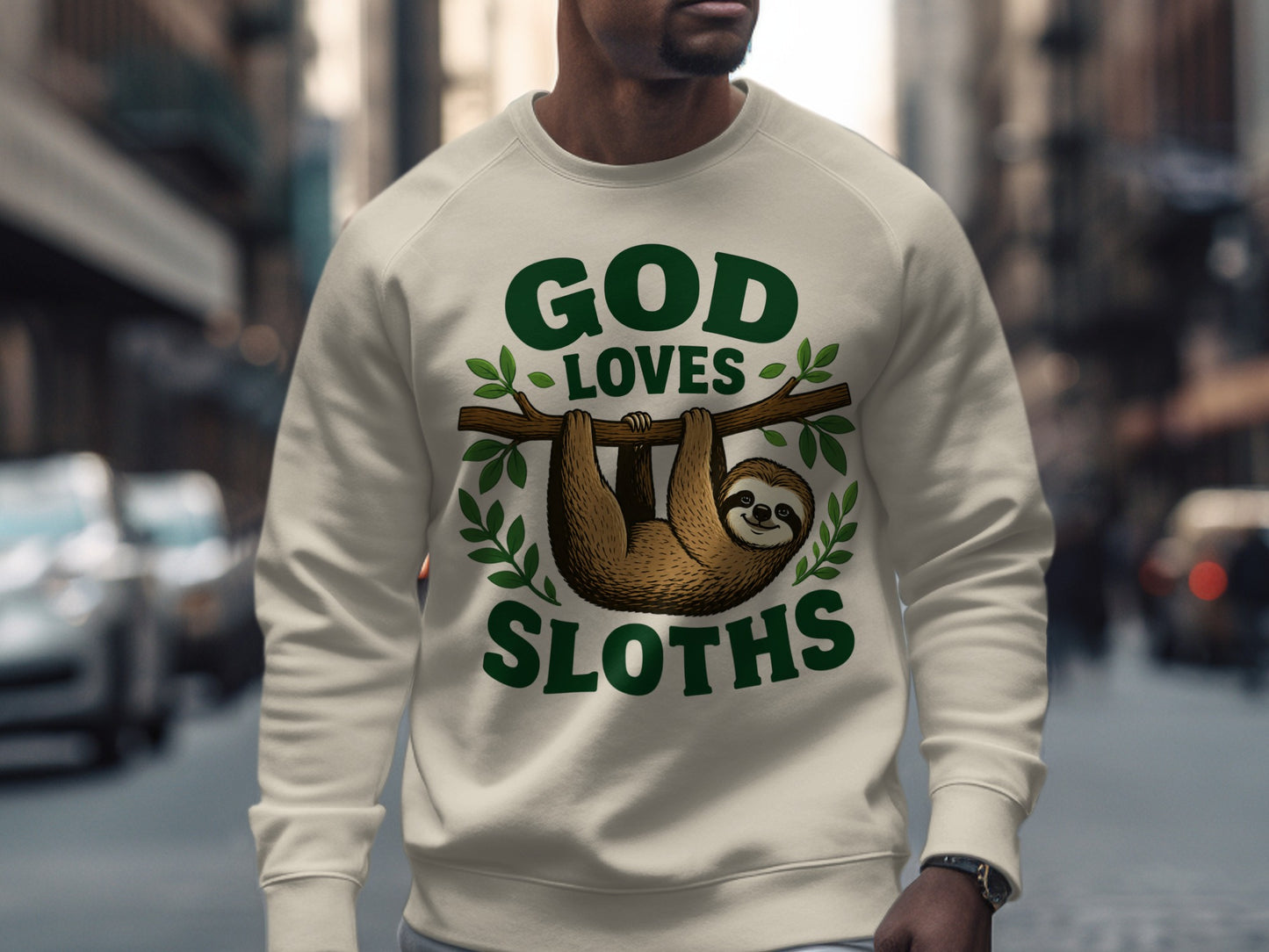 Crewneck sweatshirt with "God Loves Sloths" text and sloth graphic.