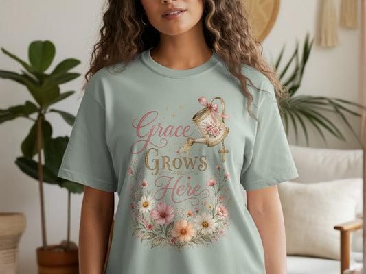 Light green t-shirt with "Grace Grows Here" text and floral watering can graphic.