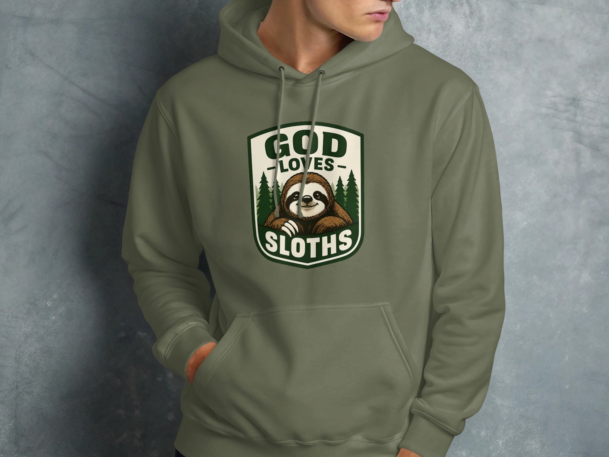 Green hoodie with "God Loves Sloths" text and sloth graphic.