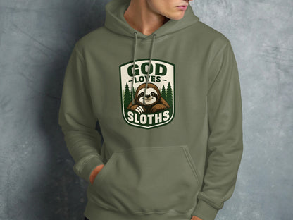 Green hoodie with "God Loves Sloths" text and sloth graphic.