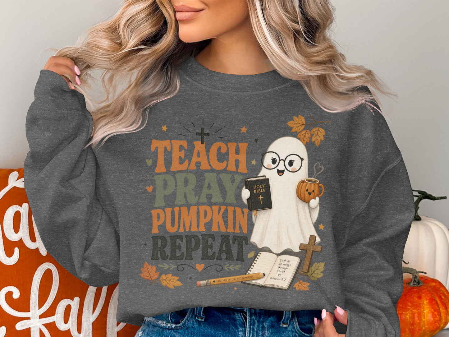 Ghost with pumpkin mug and bible reads "Teach Pray Pumpkin Repeat"