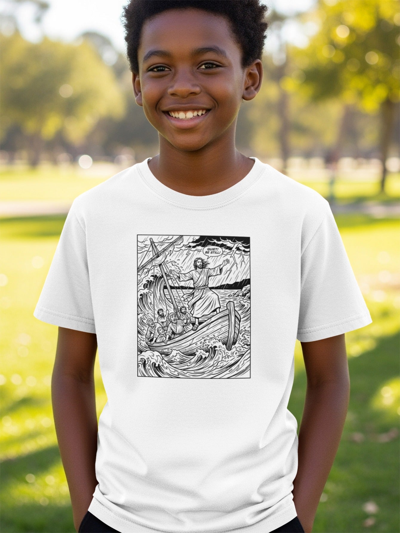 T-shirt with graphic depicting Jesus calming the stormy sea.