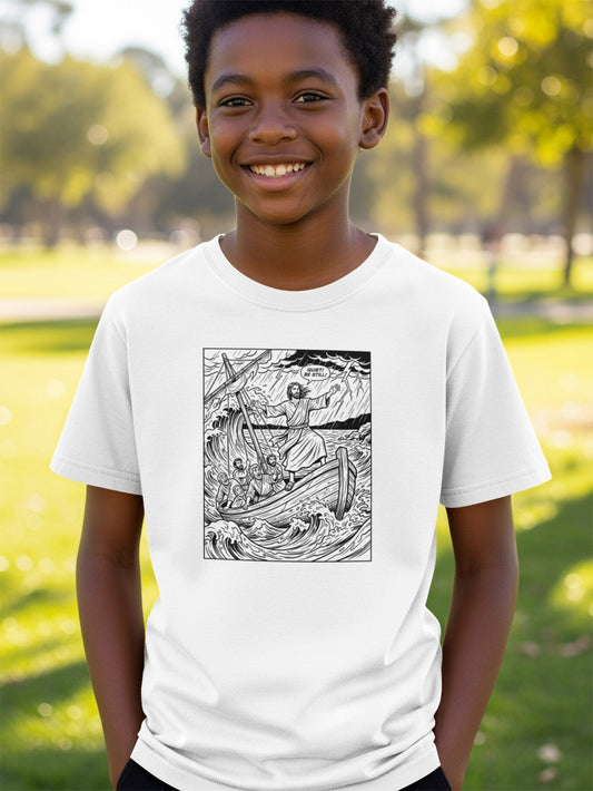 T-shirt with graphic depicting Jesus calming the stormy sea.