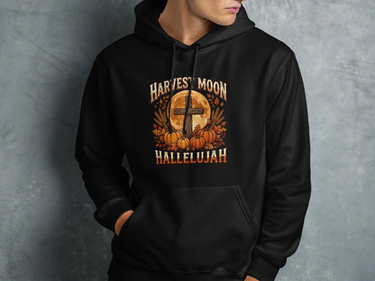 Black hoodie with Harvest Moon Hallelujah text and fall graphic.