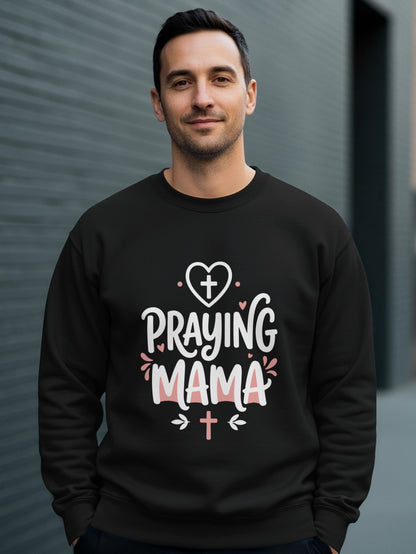 Man wearing a black sweatshirt with "Praying Mama" graphic.