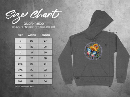 Gildan 18500 hooded sweatshirt size chart with measurements.