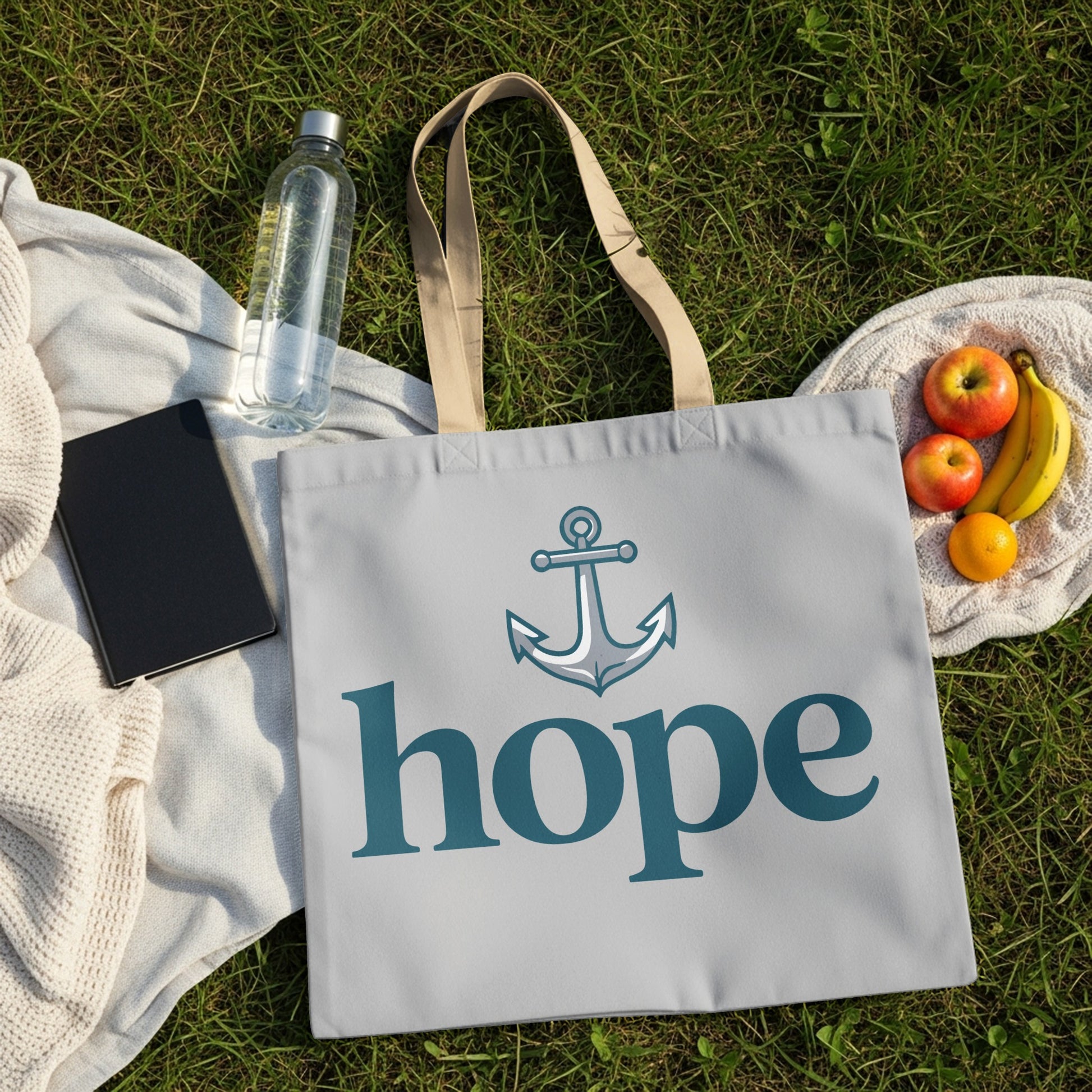 Gray tote bag with a blue anchor and the word "hope" in blue text.