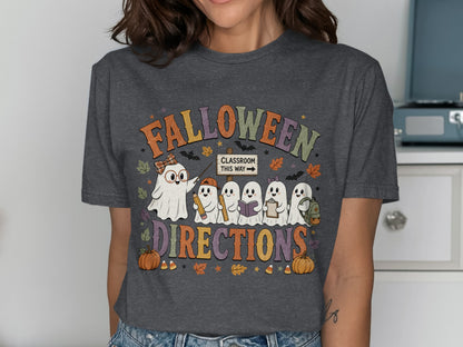 Halloween directions graphic with cute ghosts and classroom sign