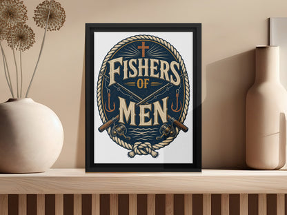 Framed artwork with "Fishers of Men" text, fishing rods, and a cross.