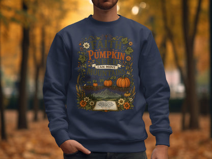 Navy sweatshirt with "Faith Like a Pumpkin Seed Can Move Mountains" design.