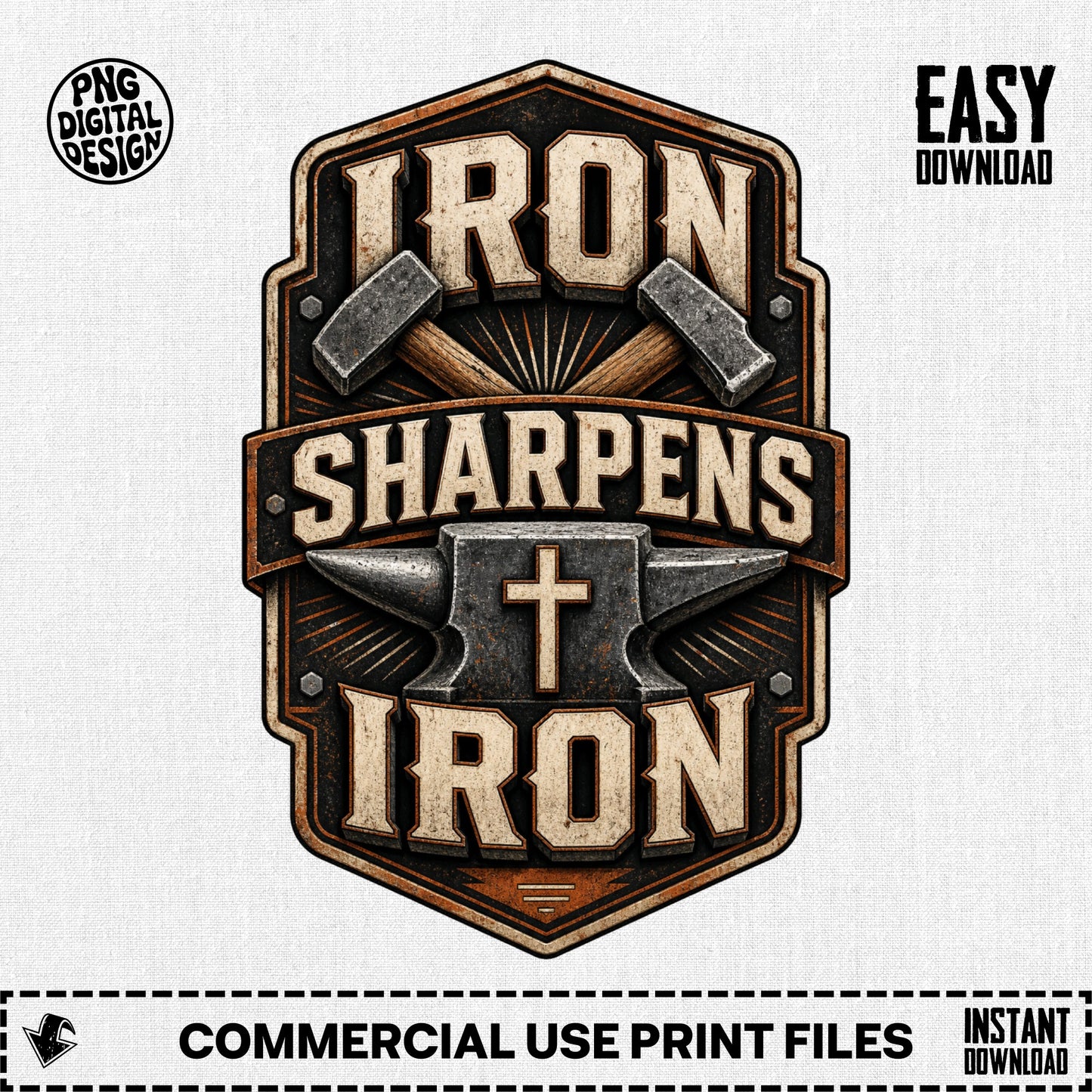 Emblem with hammers, anvil, and text "Iron Sharpens Iron"