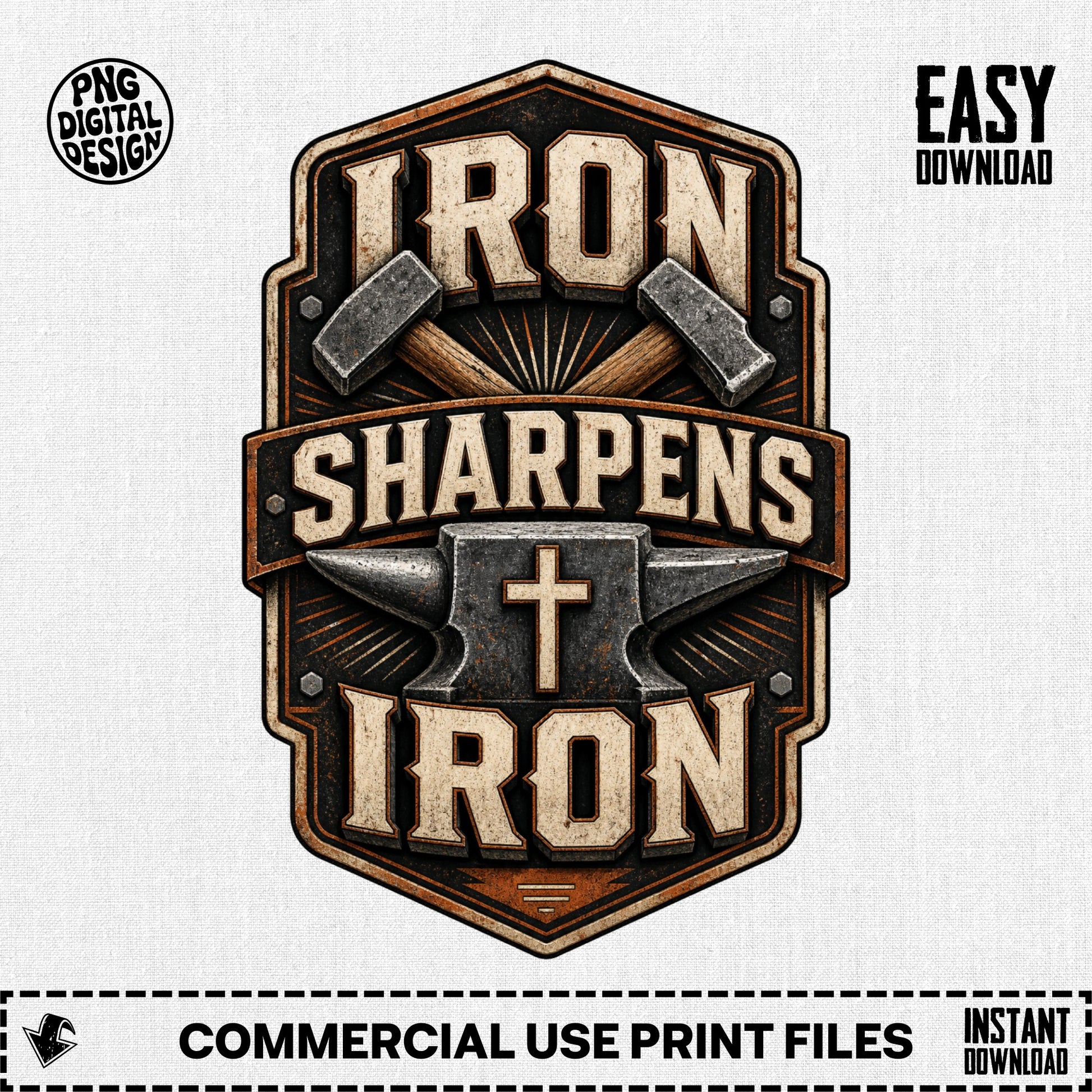 Emblem with hammers, anvil, and text "Iron Sharpens Iron"