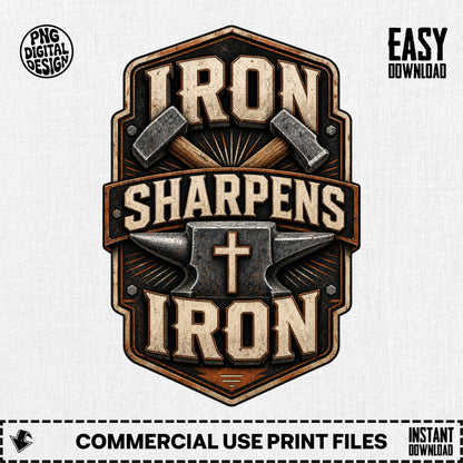 Emblem with hammers, anvil, and text "Iron Sharpens Iron"