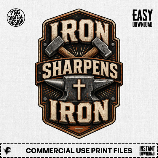 Emblem with hammers, anvil, and text "Iron Sharpens Iron"