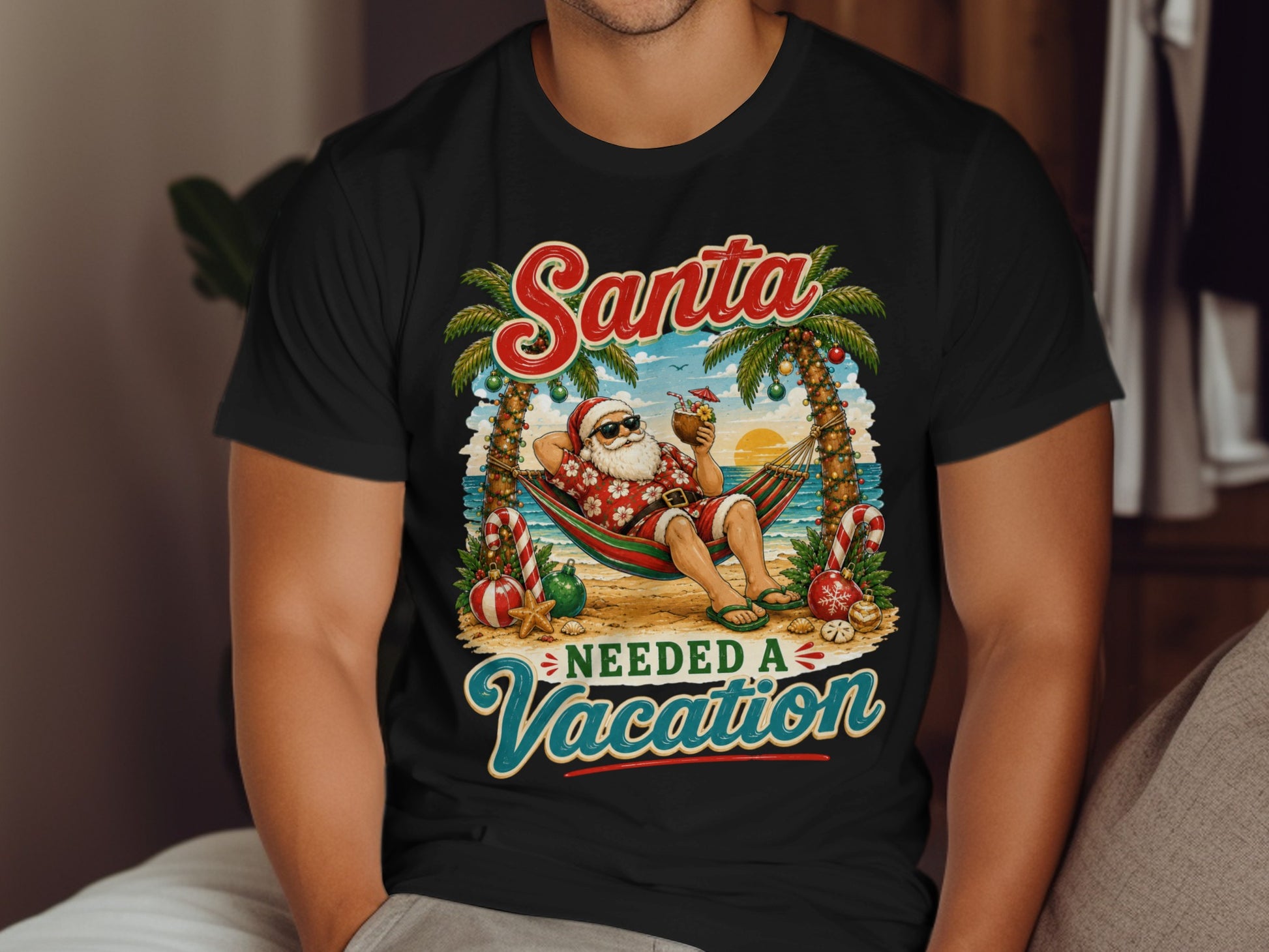 Santa needed a vacation graphic on a black t-shirt with palm trees and beach.