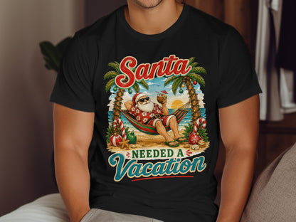 Santa needed a vacation graphic on a black t-shirt with palm trees and beach.
