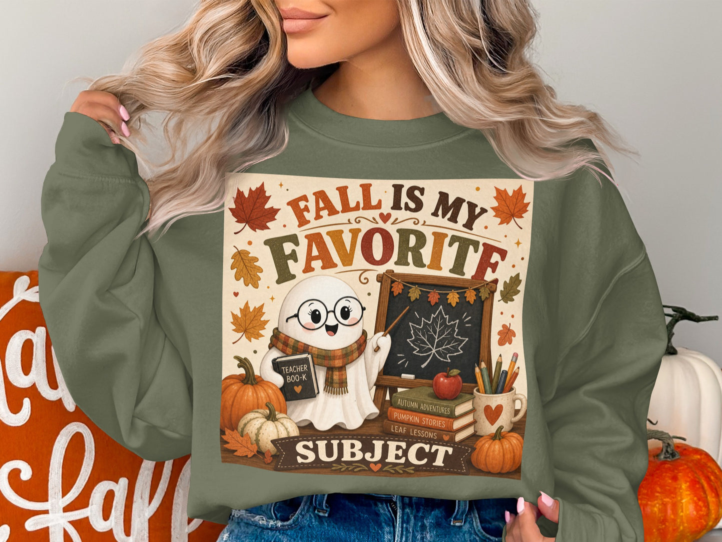 Ghost with glasses and scarf teaching, "Fall is my favorite subject" text.