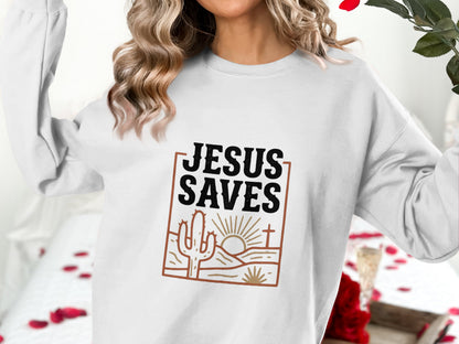Jesus Saves T-Shirt, Christian Faith Tee, Religious Desert Landscape Shirt, Insp | Christian shirt | Custom Church Merch
