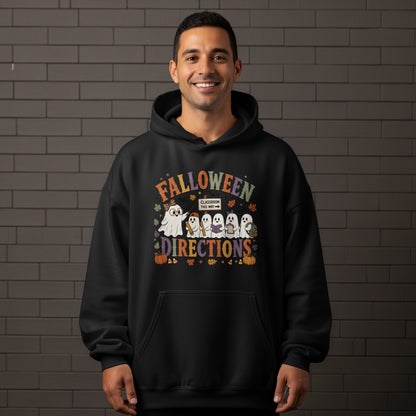 Black hoodie with "Falloween Directions" text and cute ghosts holding school supplies.