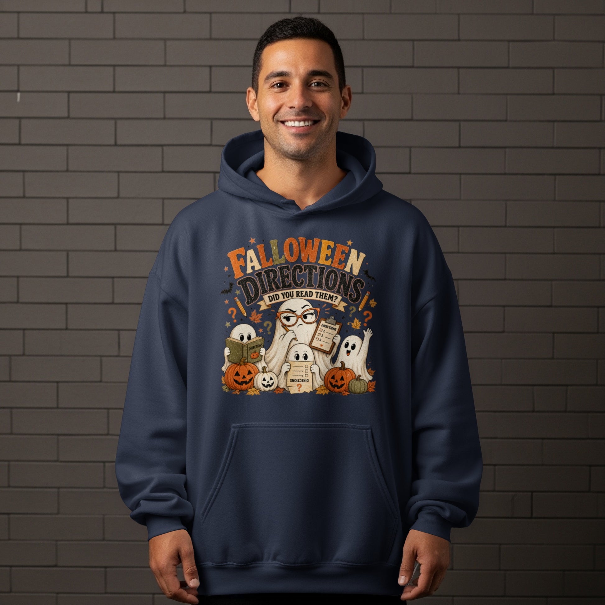 Halloween graphic with ghosts, pumpkins, and text "Falloween Directions Did You Read Them?".