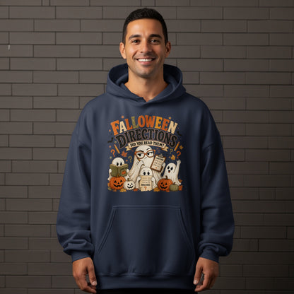 Halloween graphic with ghosts, pumpkins, and text "Falloween Directions Did You Read Them?".