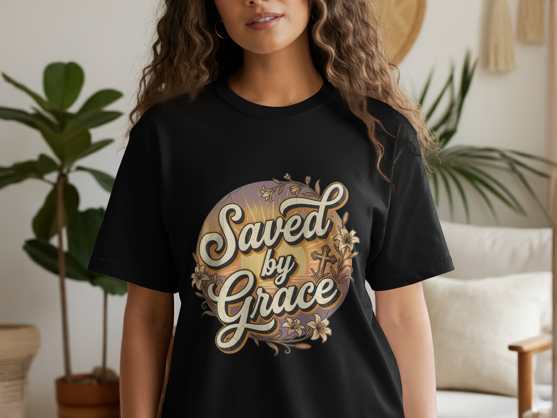 Black t-shirt with "Saved by Grace"