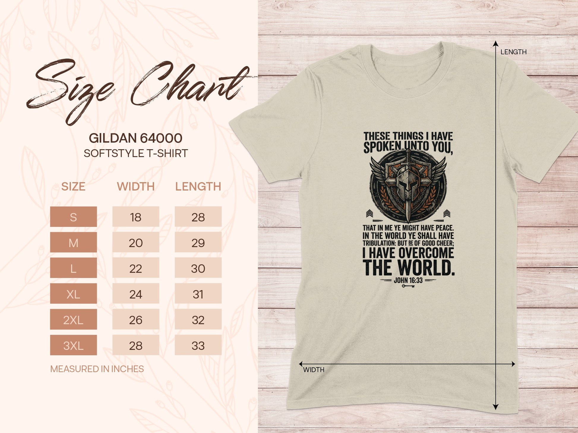 Gildan 64000 softstyle t-shirt size chart with Bible verse.