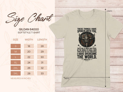 Gildan 64000 softstyle t-shirt size chart with Bible verse.