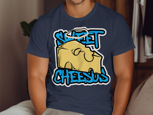 Blue t-shirt with "Sweet Cheesus" text and a cartoon cheese slice.