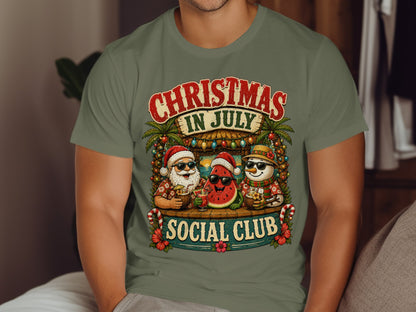 Christmas in July graphic with Santa, snowman, and watermelon characters.