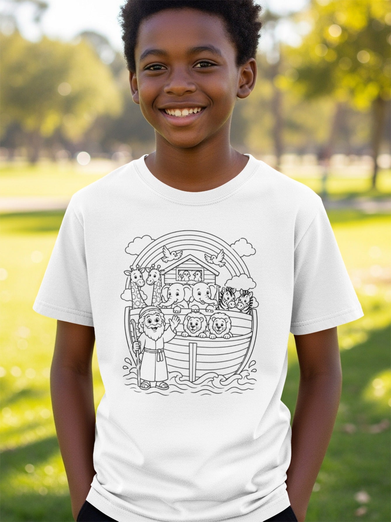 Noah's Ark with animals and rainbow on a child's t-shirt.