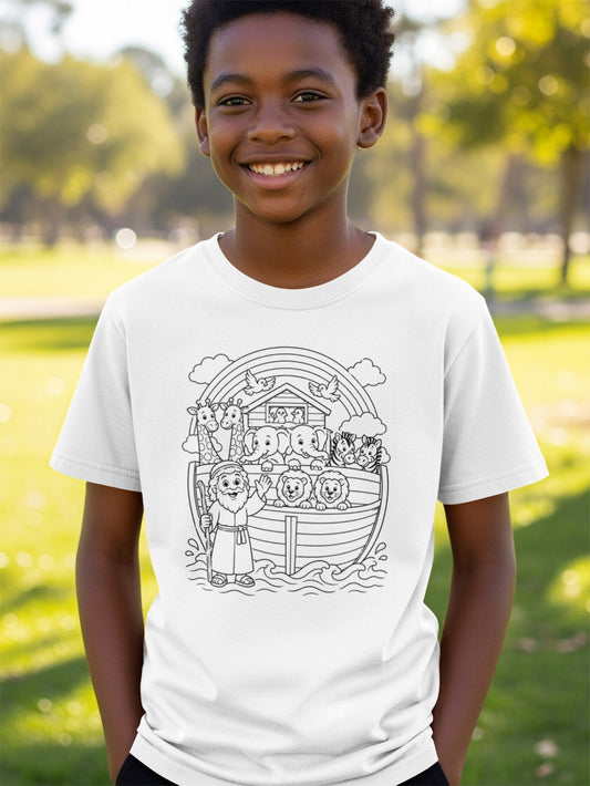 Noah's Ark with animals and rainbow on a child's t-shirt.