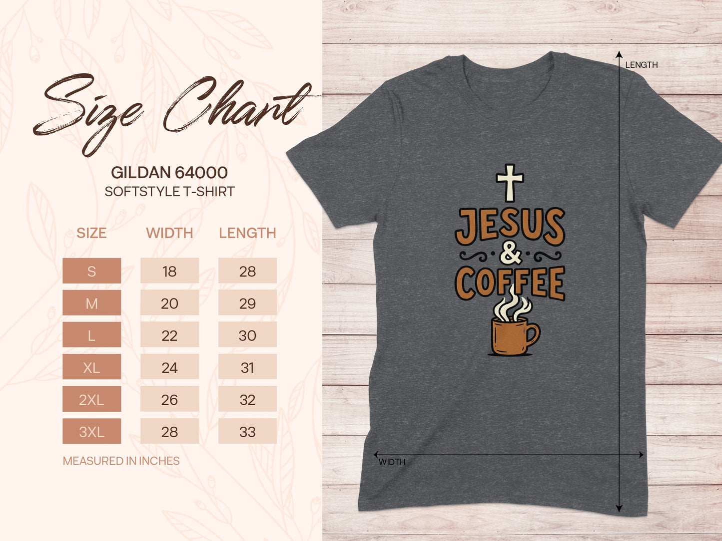 Gildan 64000 Softstyle T-Shirt size chart with Jesus and Coffee graphic.