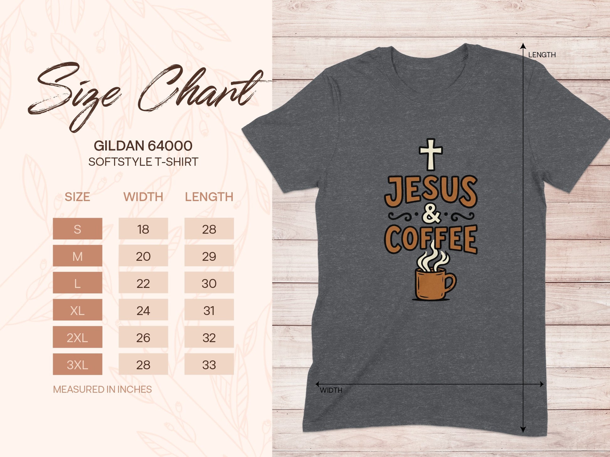 Gildan 64000 Softstyle T-Shirt size chart with Jesus and Coffee graphic.