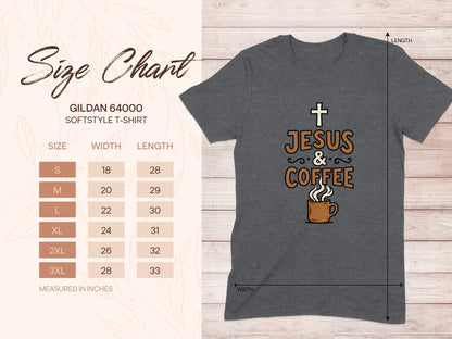 Gildan 64000 Softstyle T-Shirt size chart with Jesus and Coffee graphic.