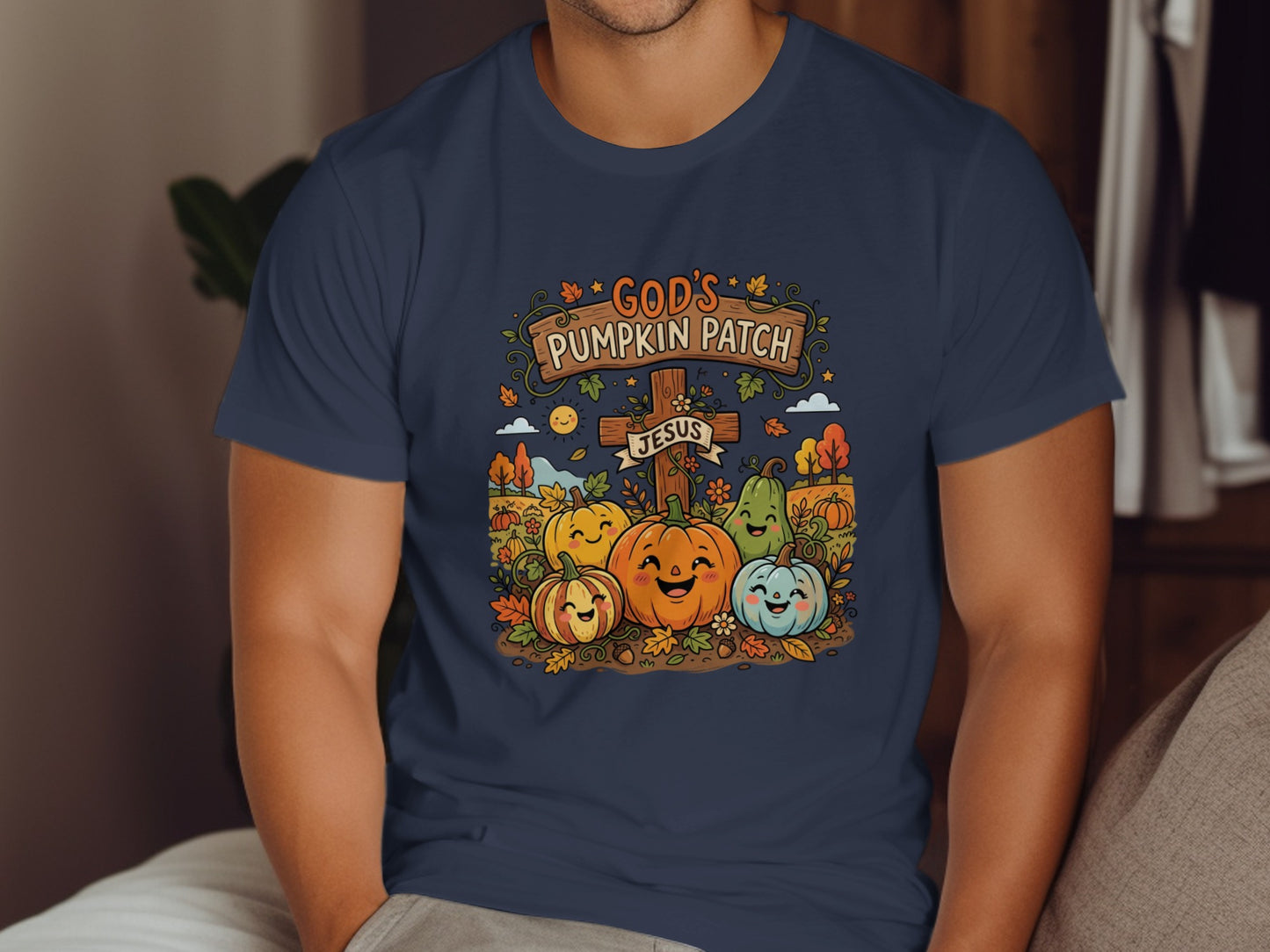 God's Pumpkin Patch Jesus graphic on a navy t-shirt.
