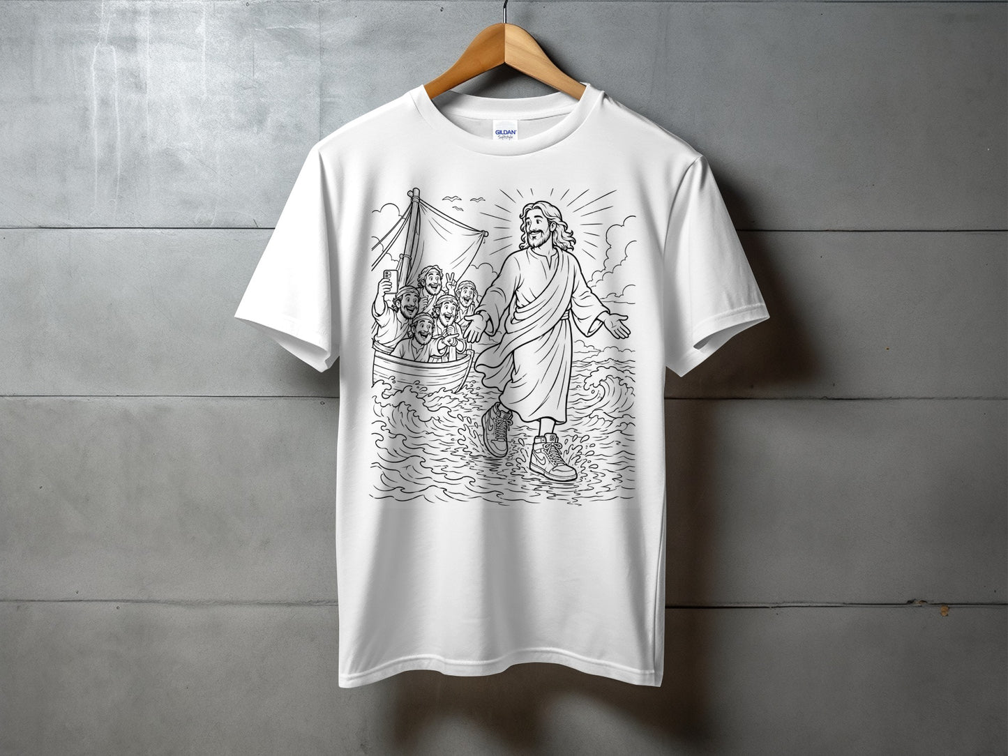 White t-shirt with a black line drawing of Jesus walking on water with disciples in a boat.