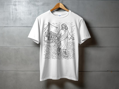White t-shirt with a black line drawing of Jesus walking on water with disciples in a boat.