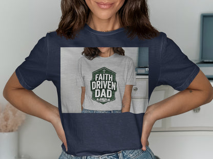 Navy t-shirt with "Faith Driven" text and a shield graphic.