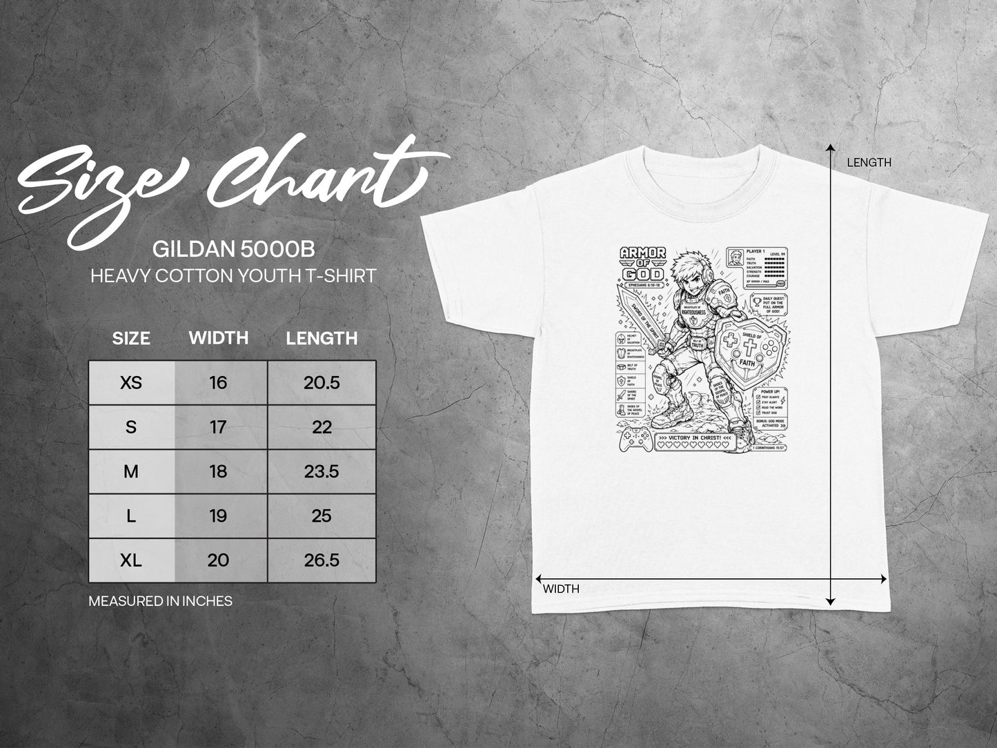 Gildan 5000B youth t-shirt size chart with graphic of armored figure.