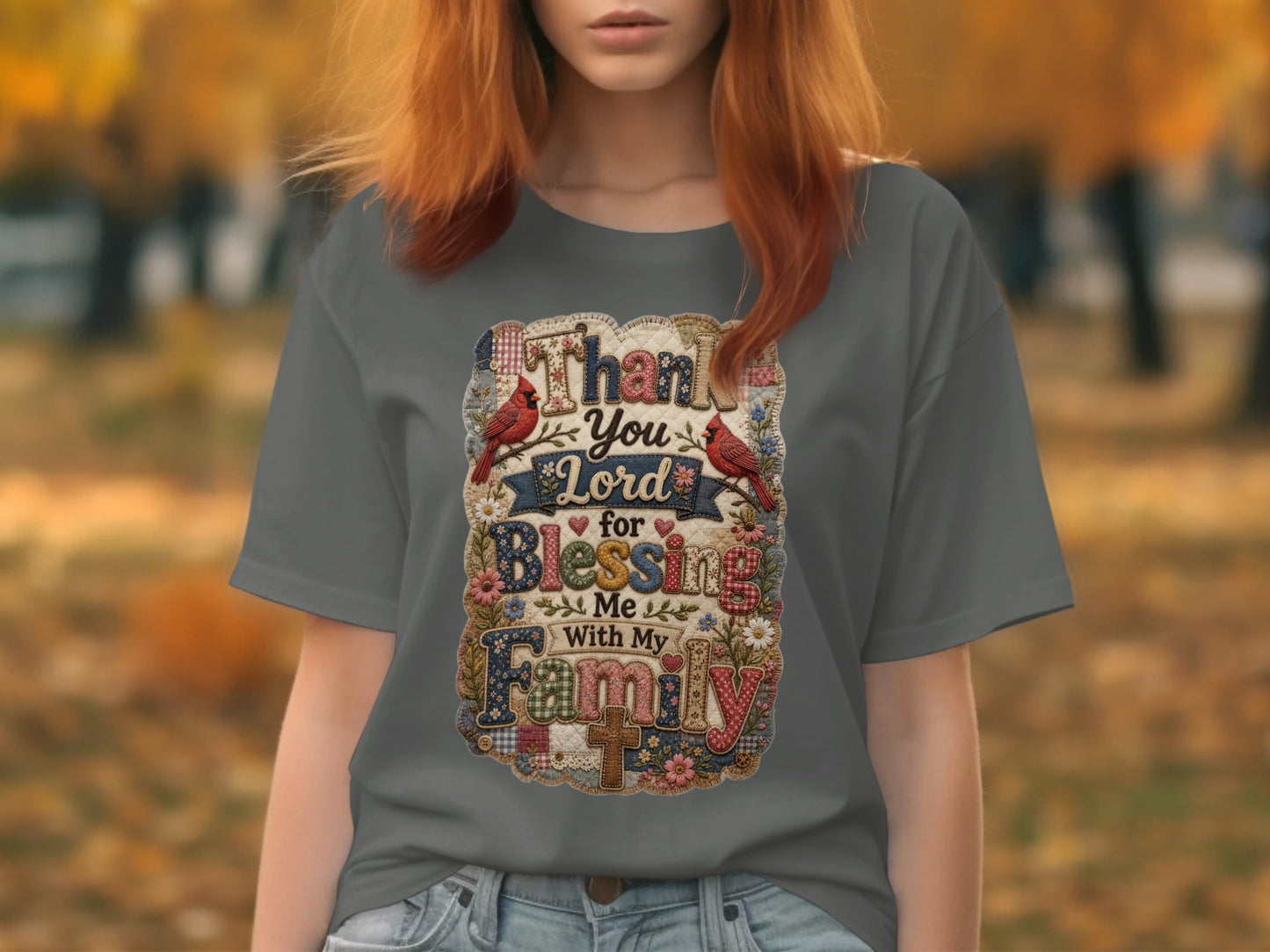 Grey t-shirt with "Thank You Lord for Blessing Me With My Family" text and bird illustrations.