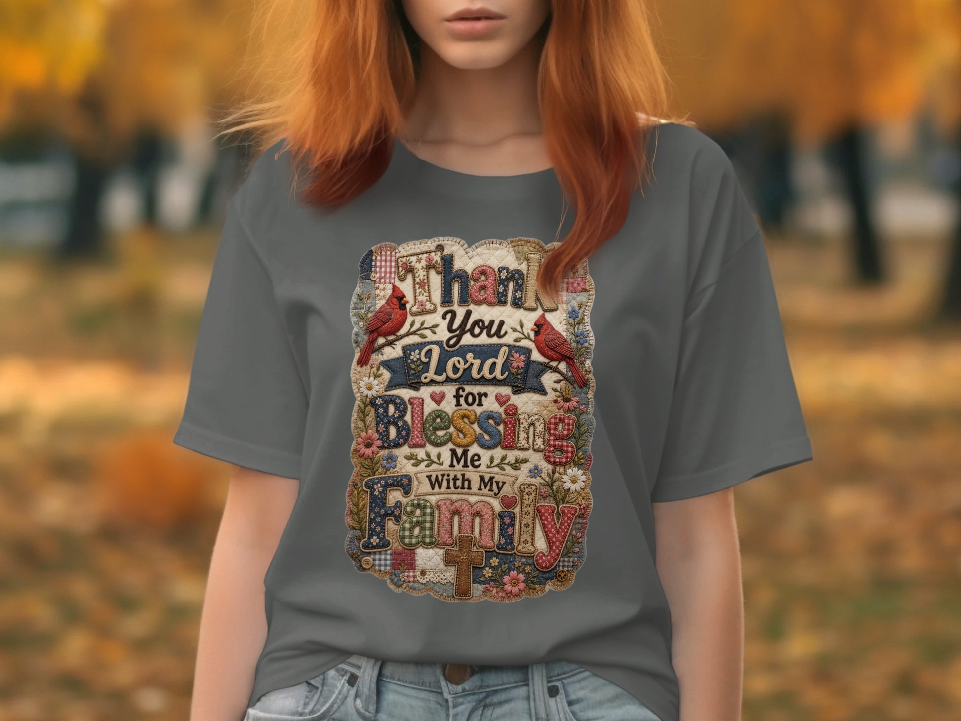 Grey t-shirt with "Thank You Lord for Blessing Me With My Family" text and bird illustrations.