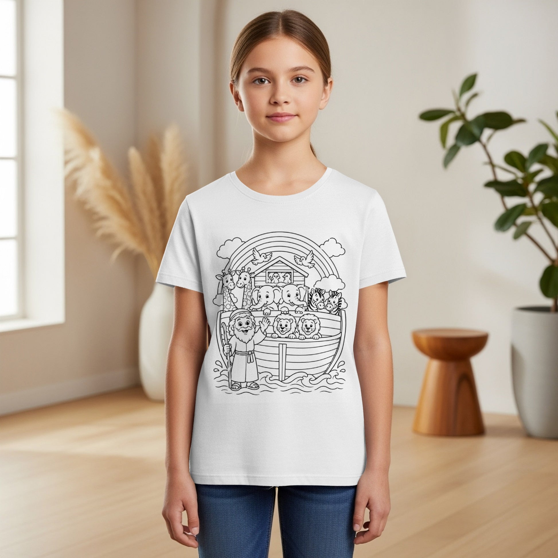 Cartoon Noah's Ark with animals and rainbow, black and white outline.