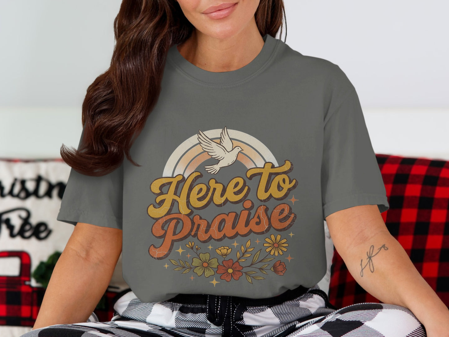 Gray t-shirt with "Here To Praise" text, dove, rainbow, and floral graphic.