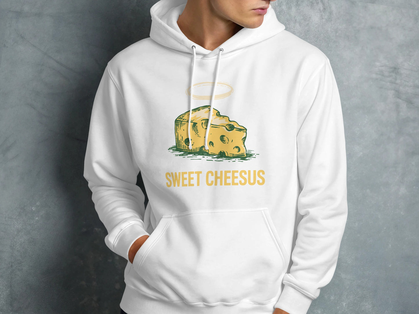 White hoodie with a cheese slice graphic and "SWEET CHEESUS" text.