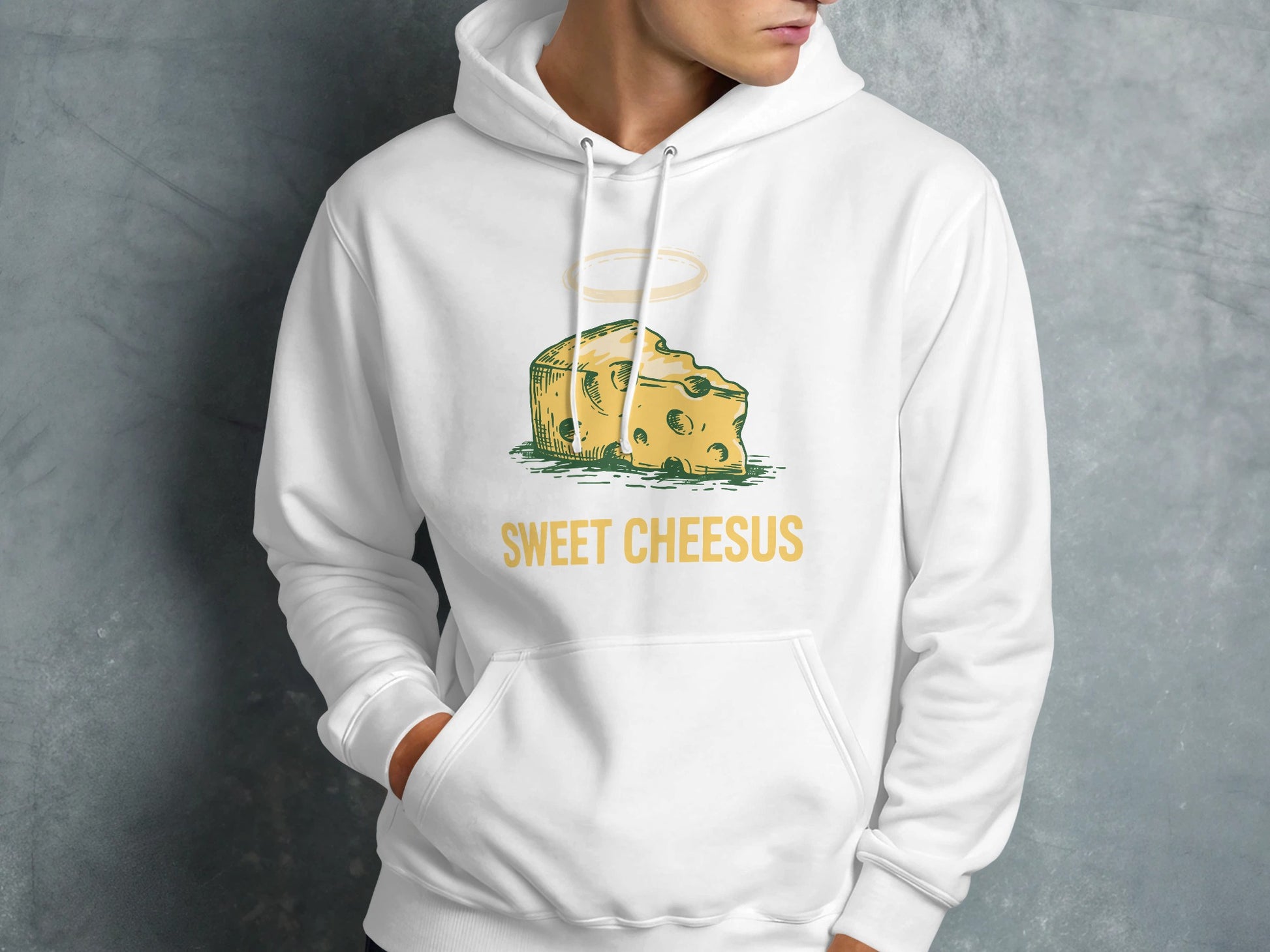 White hoodie with a cheese slice graphic and "SWEET CHEESUS" text.
