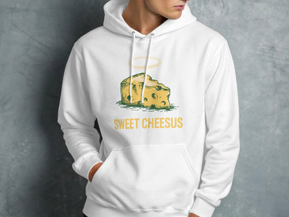 White hoodie with a cheese slice graphic and "SWEET CHEESUS" text.
