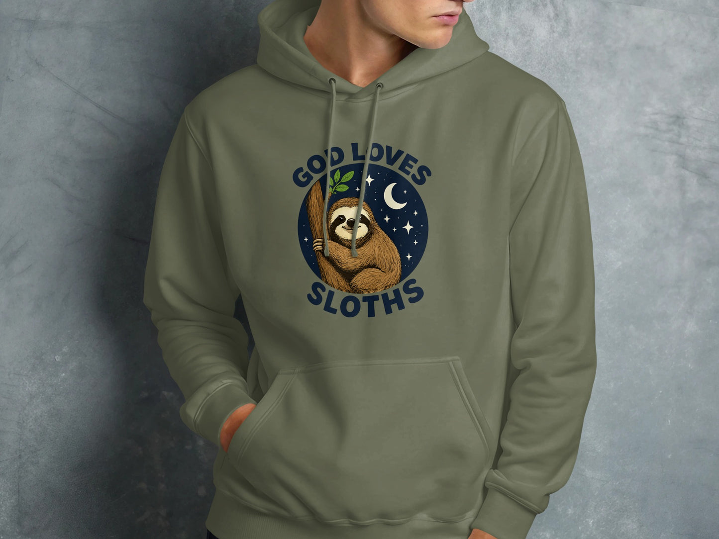 Green hoodie with sloth illustration and "God Loves Sloths" text.